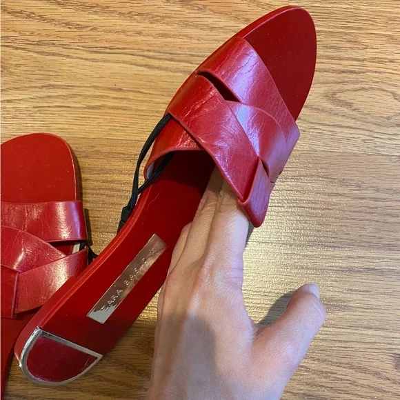 Zara Genuine Leather Red Crossover Slide Sandal Slipper Flat Shoes 37 / 6.5 NWT - Picture 12 of 13